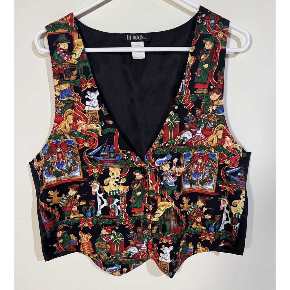VTG 111 Main Christmas Novelty Vest Black Santas Workshop Elves Toys Large